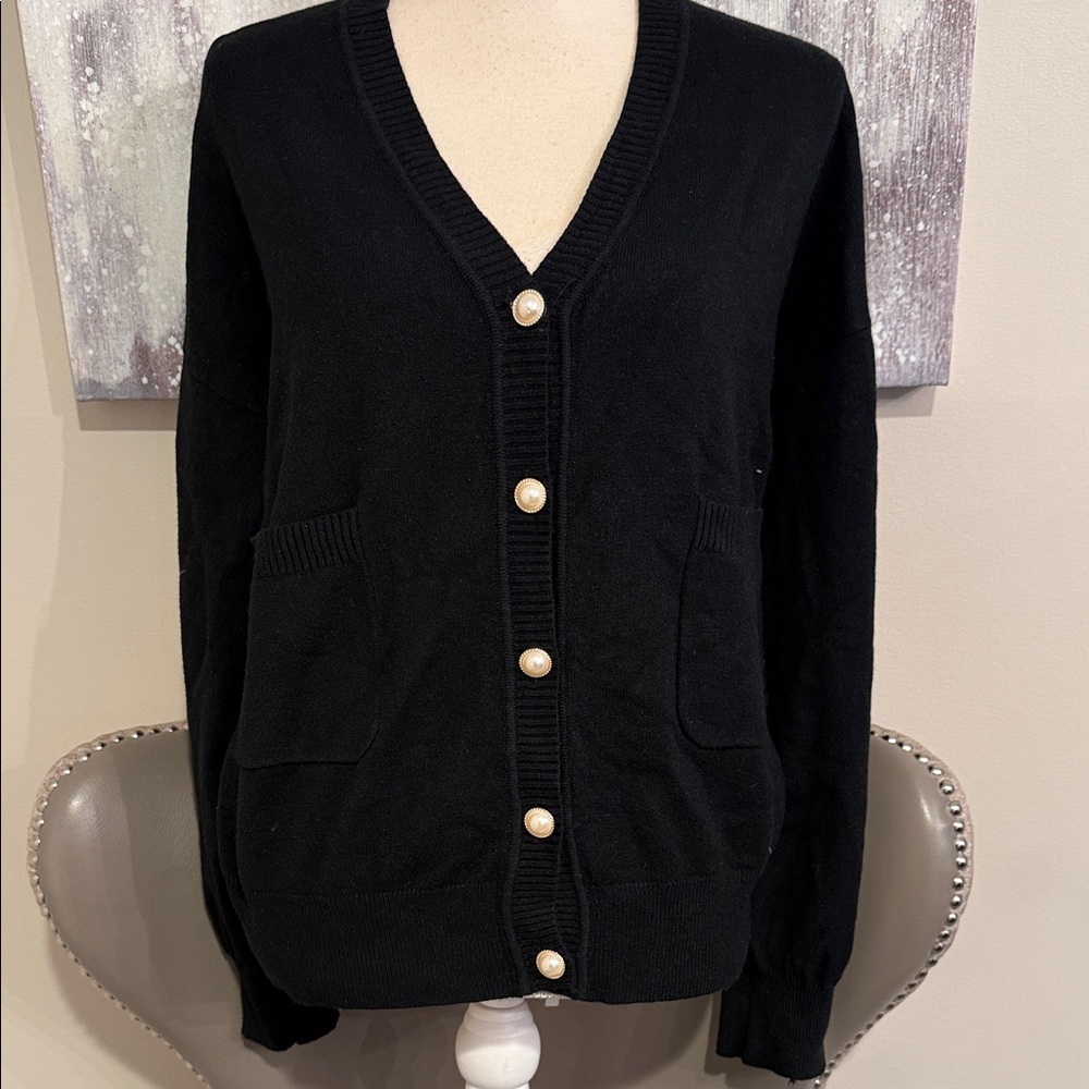 Black Cardigan Sweater with Pearl Buttons